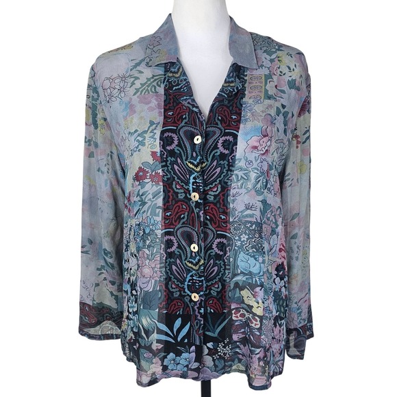 Citron Tops - Citron Santa Monica Silk‎ Floral Button-Up Blouse S Sheer Asian Flowy Side Slit